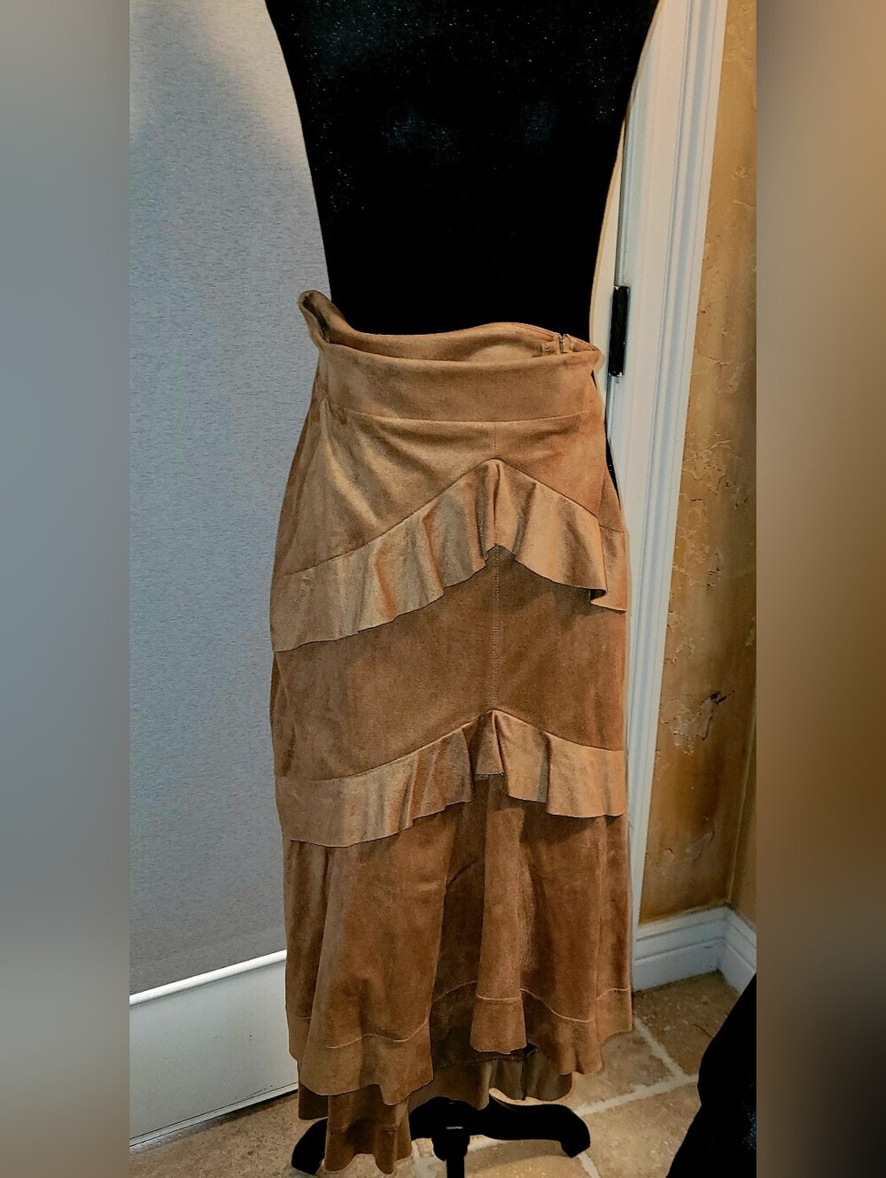 BEBE Esmerald Western Boho Vintage Suede Asymmetrical Camel Tan Skirt. Vintage S